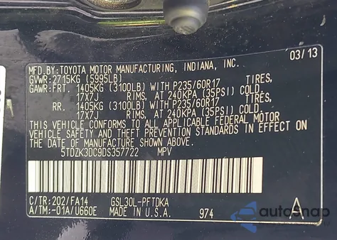 2013 Toyota Sienna L V6 7 Passenger из США, поврежденный, VIN 5TDZK3DC9DS357722